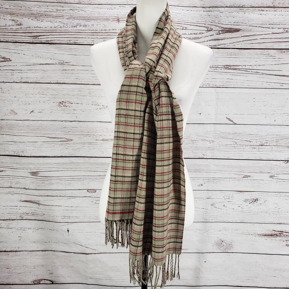 Lands End Women's Soft Comfy Red Gray Brown Plaid Fringe Scarf